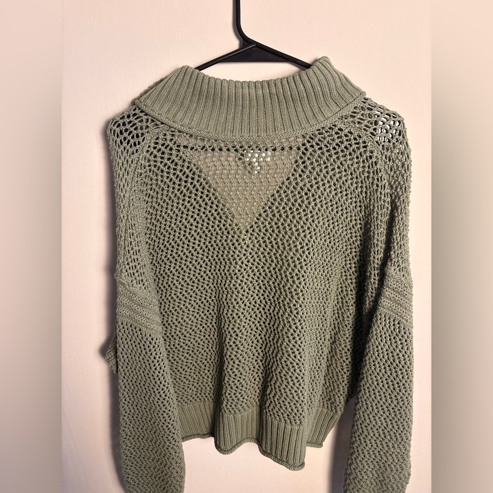 Aerie Olive Green Cropped Knit Sweater Quarter Zip Chunky Cotton Size S/P - Picture 4 of 9